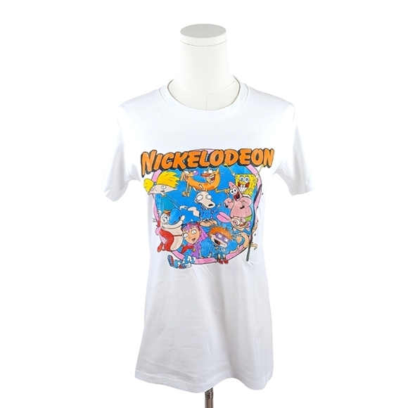 NWT Nickelodeon White Graphic T-Shirt Retro Cartoon Characters TV Vintage Size M - Picture 1 of 5